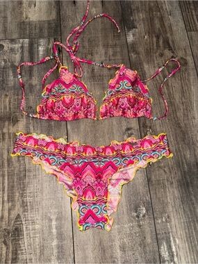 Luli Fama Pink Multi-Color Patterned Ruffled Bikini Set - large top; med bottom